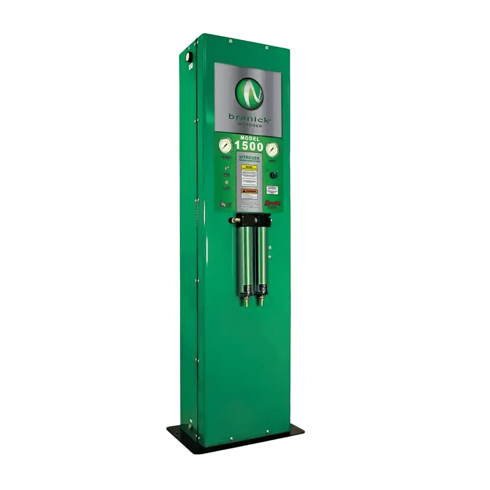 Branick 1500 nitrogen generator tower, front angled view showing triple-membrane control panel with pressure gauges, digital display, and dual filter canisters in green cabinet.