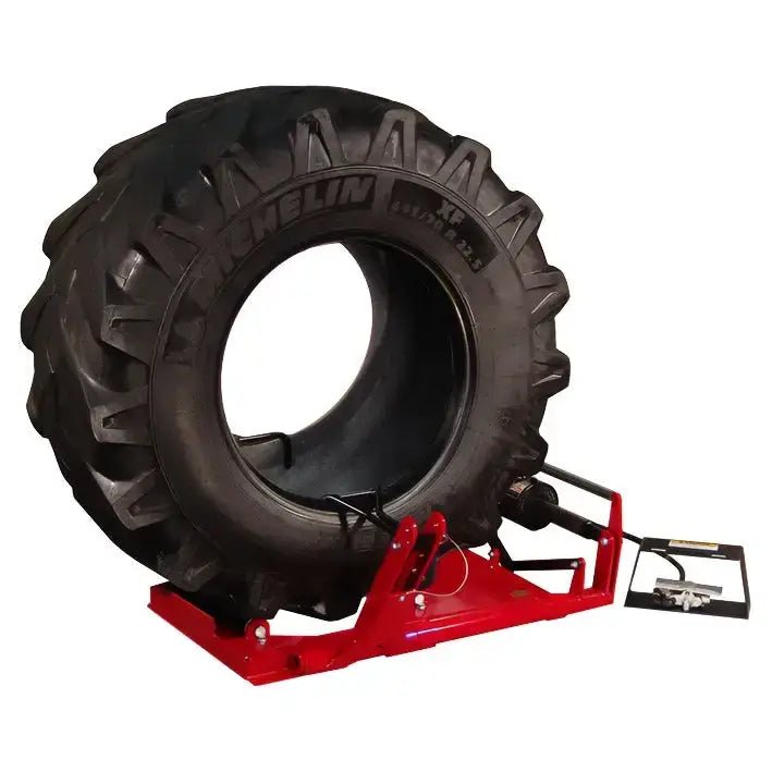 Branick 5200 truck tire spreader, air-powered roll-on model shown with large Michelin truck tire mounted on red steel frame, illustrating heavy-duty inspection and repair setup.