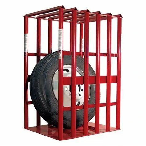 Branick 6 Bar truck tire inflation cage, heavy-duty red steel structure with vertical bars and reinforced frame shown securing large truck tire for safe inflation.