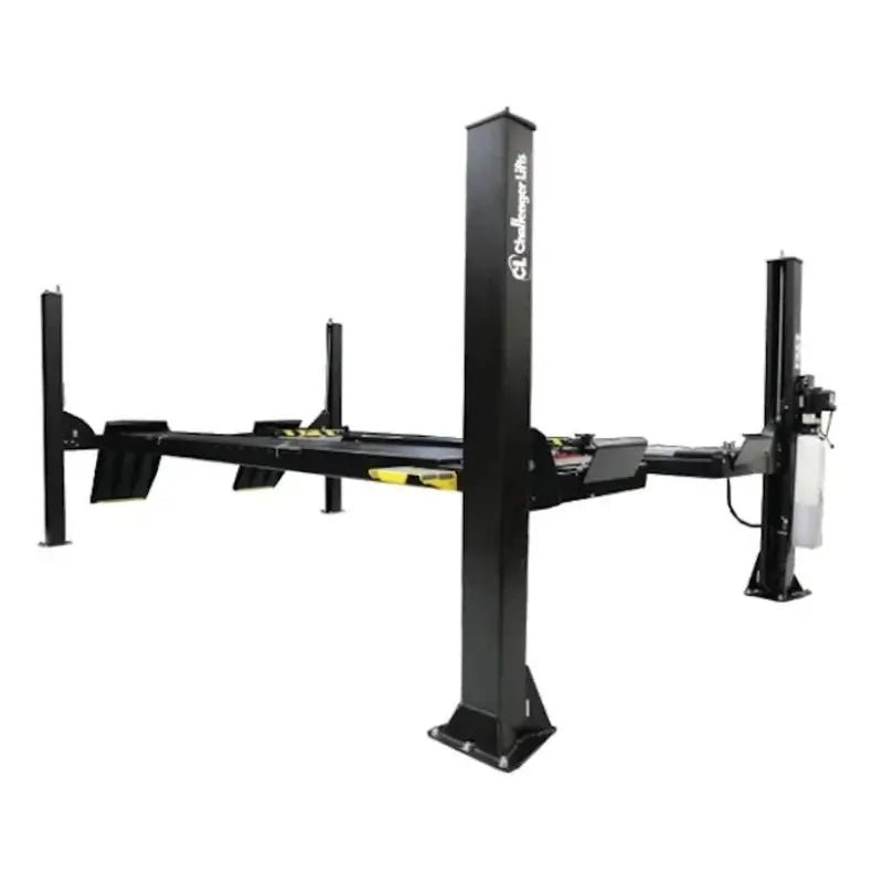 Challenger Lifts 4115EFO four-post lift, open-front general service model with black steel columns and flat deck runways, designed for easy vehicle access and alignment service.