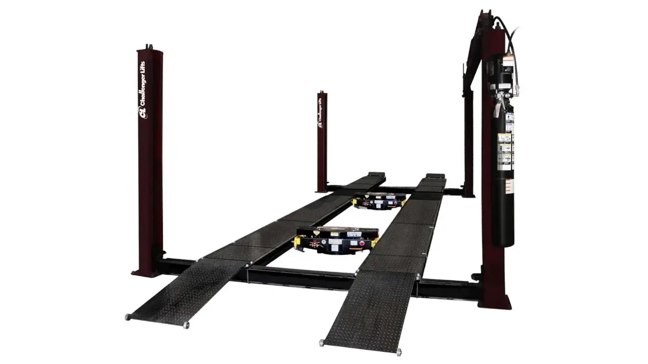 Challenger Lifts 44018E four-post lift, medium-duty 18,000 lb capacity model in maroon finish with long runways, hydraulic power unit, and extended platforms for heavy vehicle service.