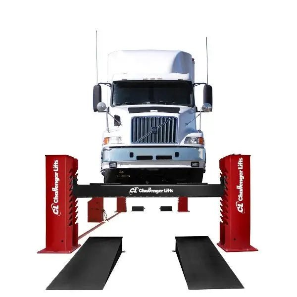 Challenger Lifts 44050 four-post heavy-duty truck lift, 50,000 lb capacity, shown raising a semi-truck on red steel columns and extended black runways for large fleet and commercial vehicle maintenance.