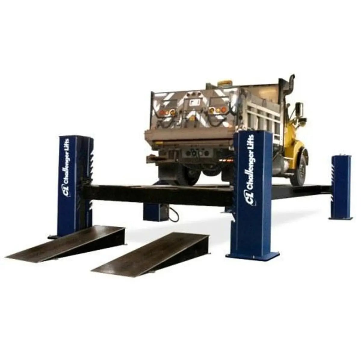 Challenger Lifts 44050 heavy-duty four-post lift in blue, supporting a large dump truck on extended steel runways, designed for commercial fleet and municipal vehicle maintenance up to 50,000 lb capacity.