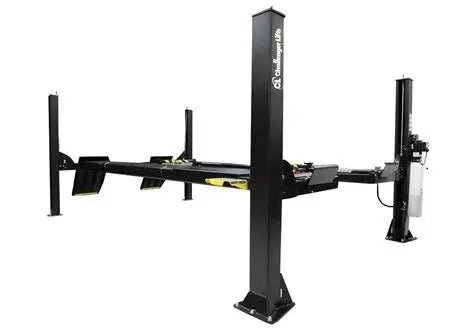 Challenger Lifts 44050E four-post heavy-duty lift, 50,000 lb capacity, featuring black steel columns and extended runways designed for servicing buses, trucks, and commercial fleet vehicles.