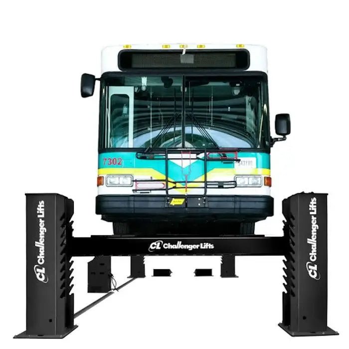 Challenger Lifts 44050E heavy-duty four-post lift, 50,000 lb capacity, shown hoisting a city transit bus on reinforced black steel columns and platforms for commercial fleet and bus maintenance applications.