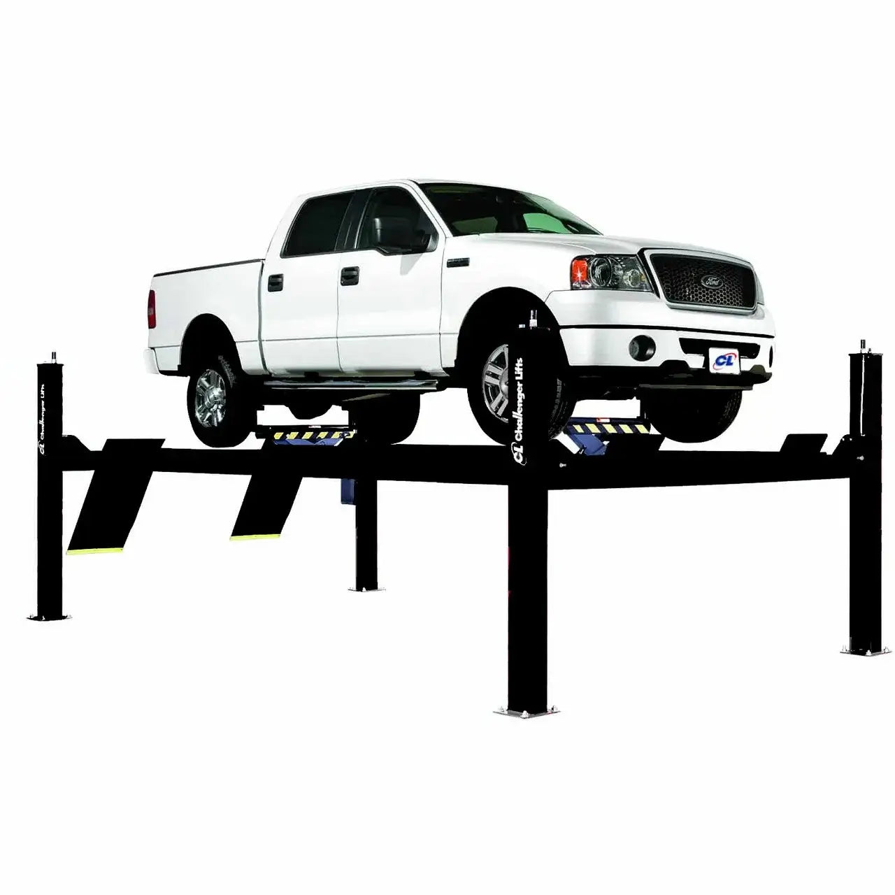 Challenger Lifts 4P14EFX four-post automotive lift, front view with white pickup truck raised on heavy-duty black steel runways and column supports, showing closed-front alignment configuration.