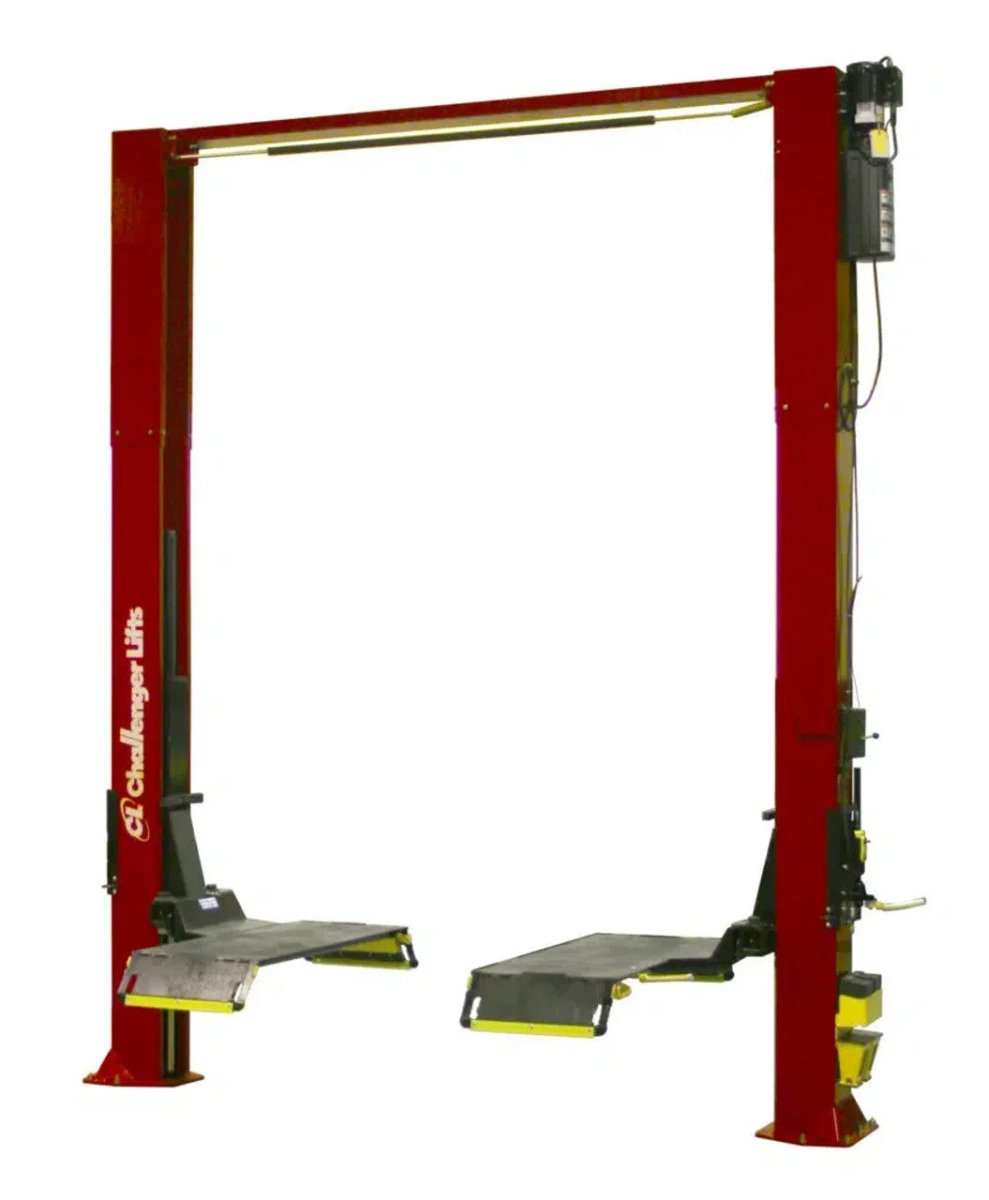 Challenger CL10-XP9 two-post lift with 9,000 lb drive-on capacity, designed for reliability, efficiency, and superior performance in automotive shops.