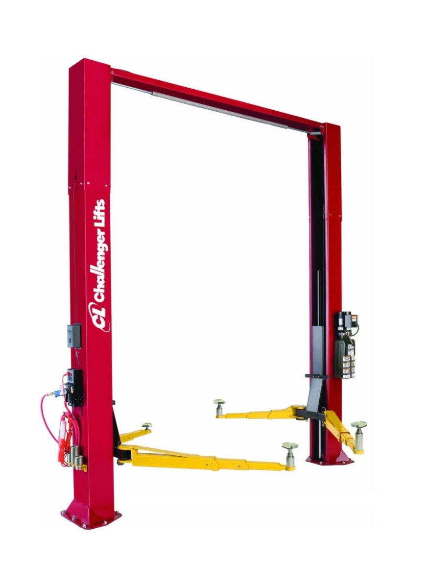 Challenger CL10V3-3-DPC two-post lift with 10,000 lb capacity, Versymmetric® technology, dual pendant controls, and 3 ft column extensions for taller vehicles.