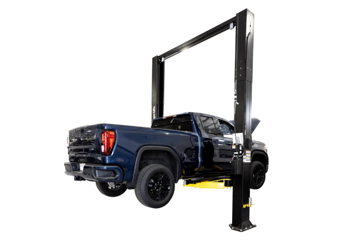 Challenger CL12A-1 two-post lift with 12,000 lb capacity and one-foot extension, designed for professional garages seeking reliable lifting solutions.