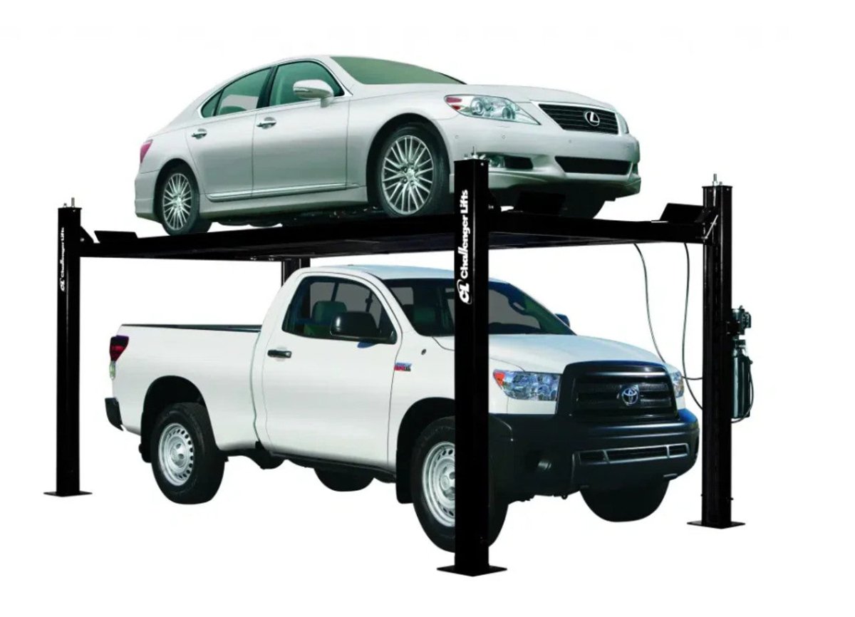 Challenger CL4P9W four-post home car lift with 9,000 lb wide capacity, designed for convenient vehicle maintenance and storage in home garages.