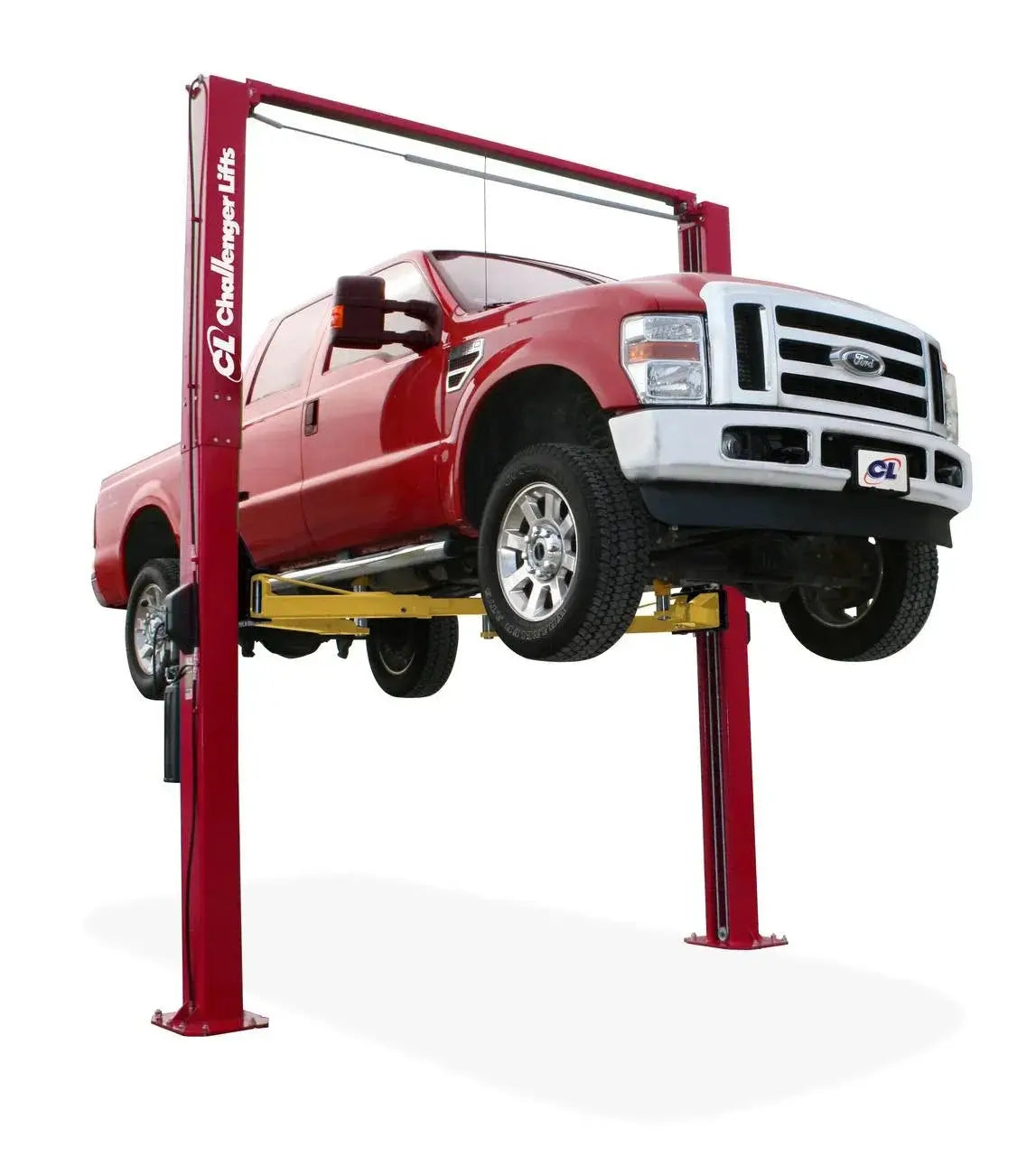 Challenger LE12 symmetric two post lift in red lifting a heavy duty pickup truck, featuring extended height configuration and reinforced arms for 12000 lb load