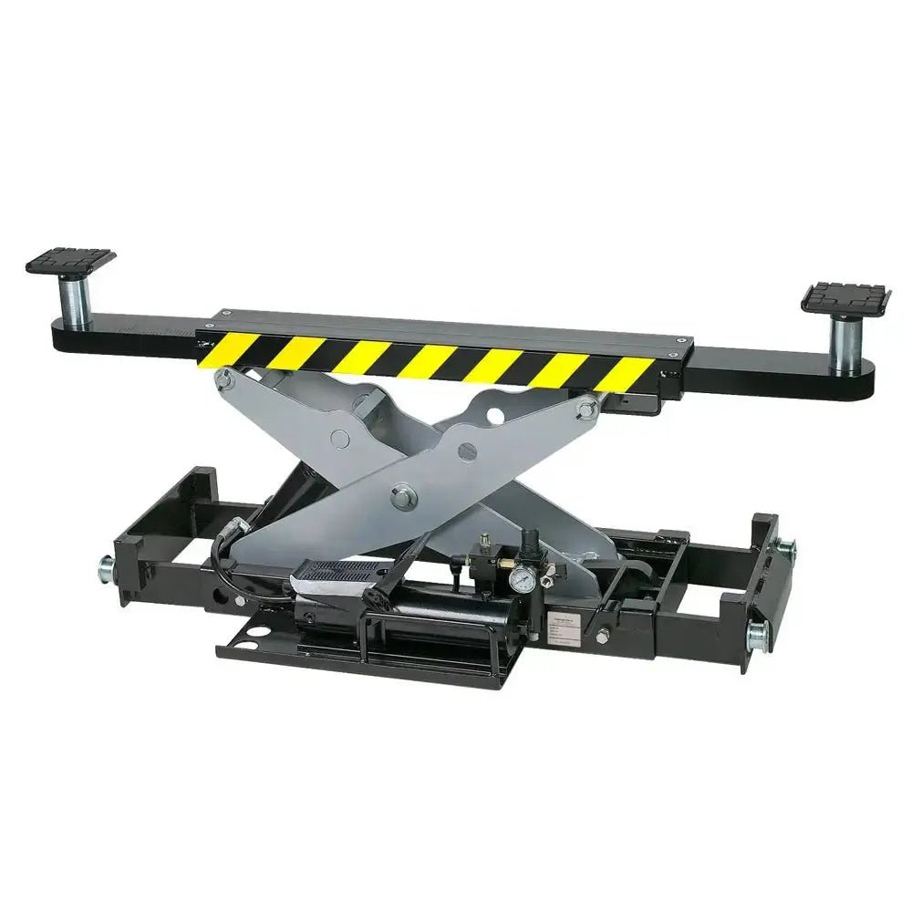 Challenger RJ7.5 rolling jack assembly with adjustable lift pads, hydraulic cylinder, and scissor mechanism for precise wheel service on four post lifts