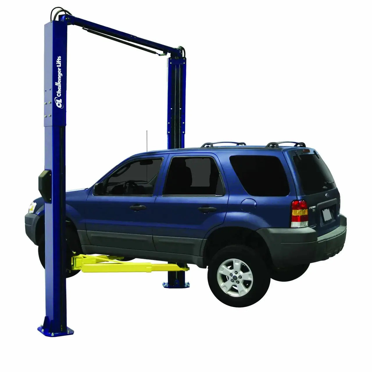 Challenger SA10 two post lift in blue raising a Ford Escape SUV, featuring symmetric and asymmetric arm configuration for 10000 lb capacity vehicle service