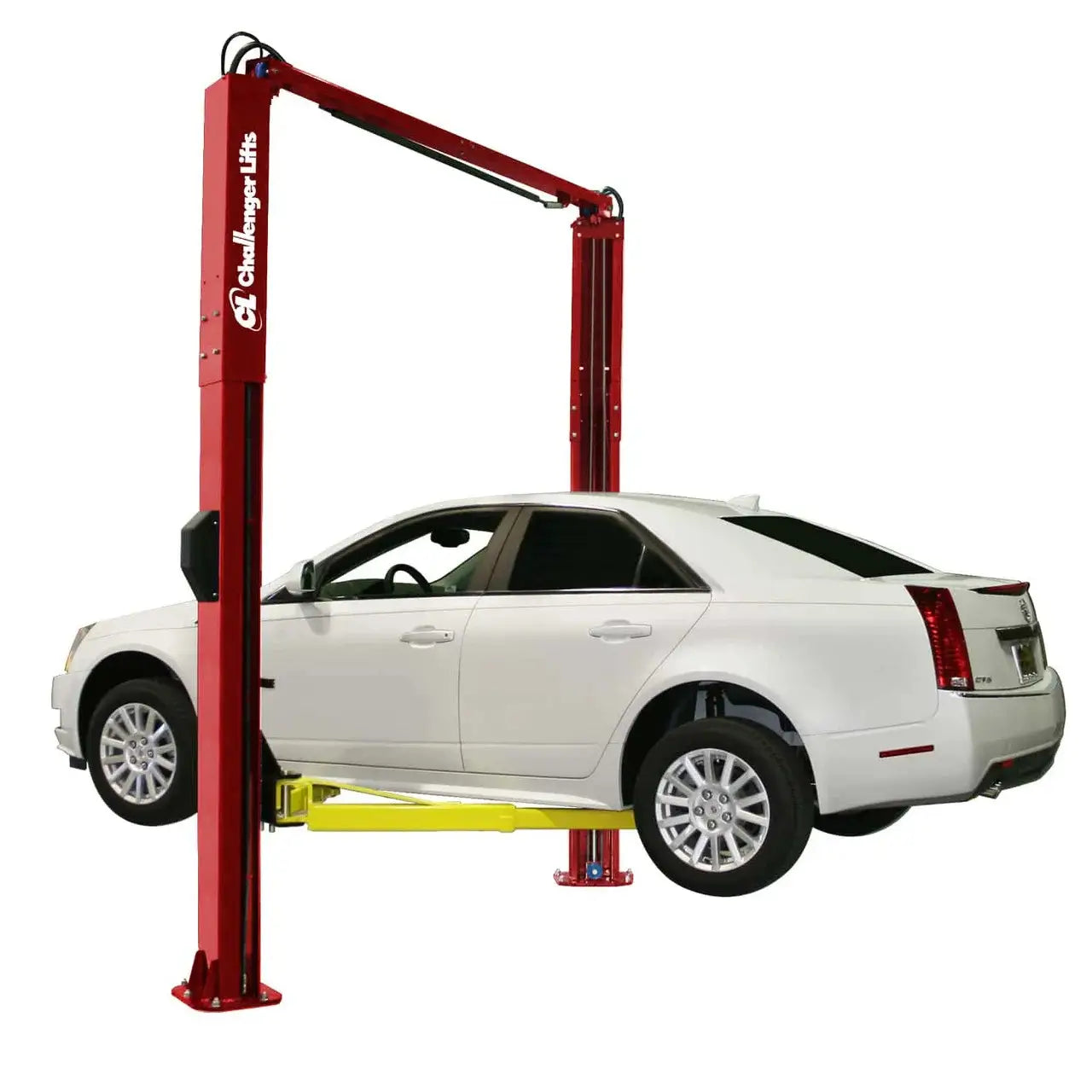 Challenger SA10 two post lift in red lifting a white sedan, showing overhead equalization cable design and dual position arms for versatile workshop applications