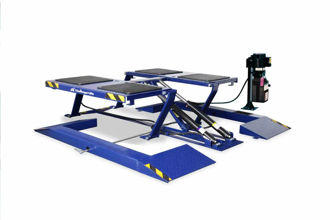 Challenger SRM10 short rise lift shown in blue with dual lifting platforms, hydraulic cylinders, and power unit for 10000 lb capacity vehicle service