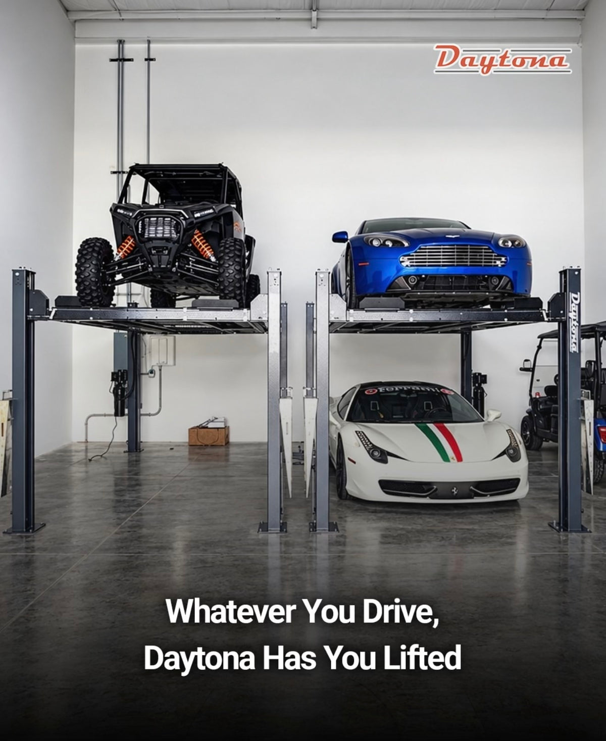 Daytona 4-post parking lifts storing a UTV and a sports car above a second car