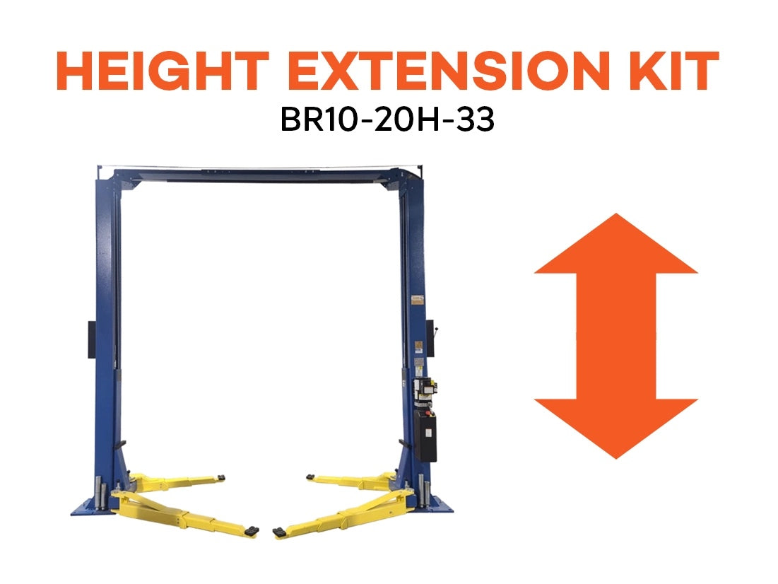Daytona BR10-2OH-33-EXT height extension kit graphic with a 2-post lift and vertical arrow