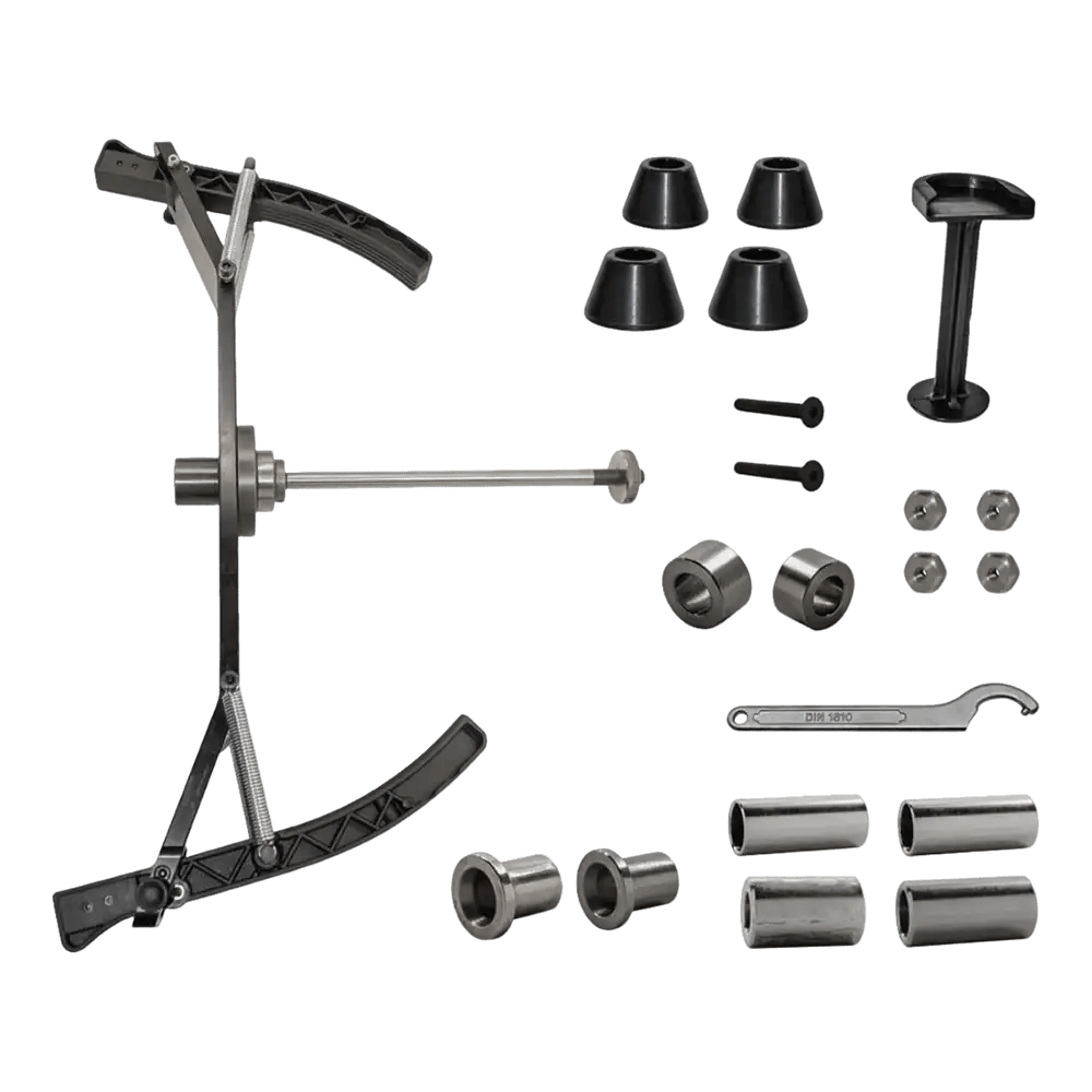 Motorcycle front fork and suspension assembly with Hofmann balancer adapter kit for wheel service