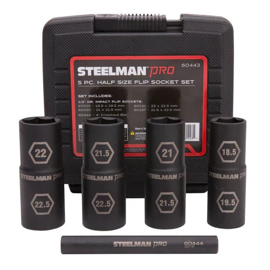 STEELMAN JS-60443 5-Piece 1/2-Inch Drive 6-Point Impact Flip Socket and Knockout Bar Set