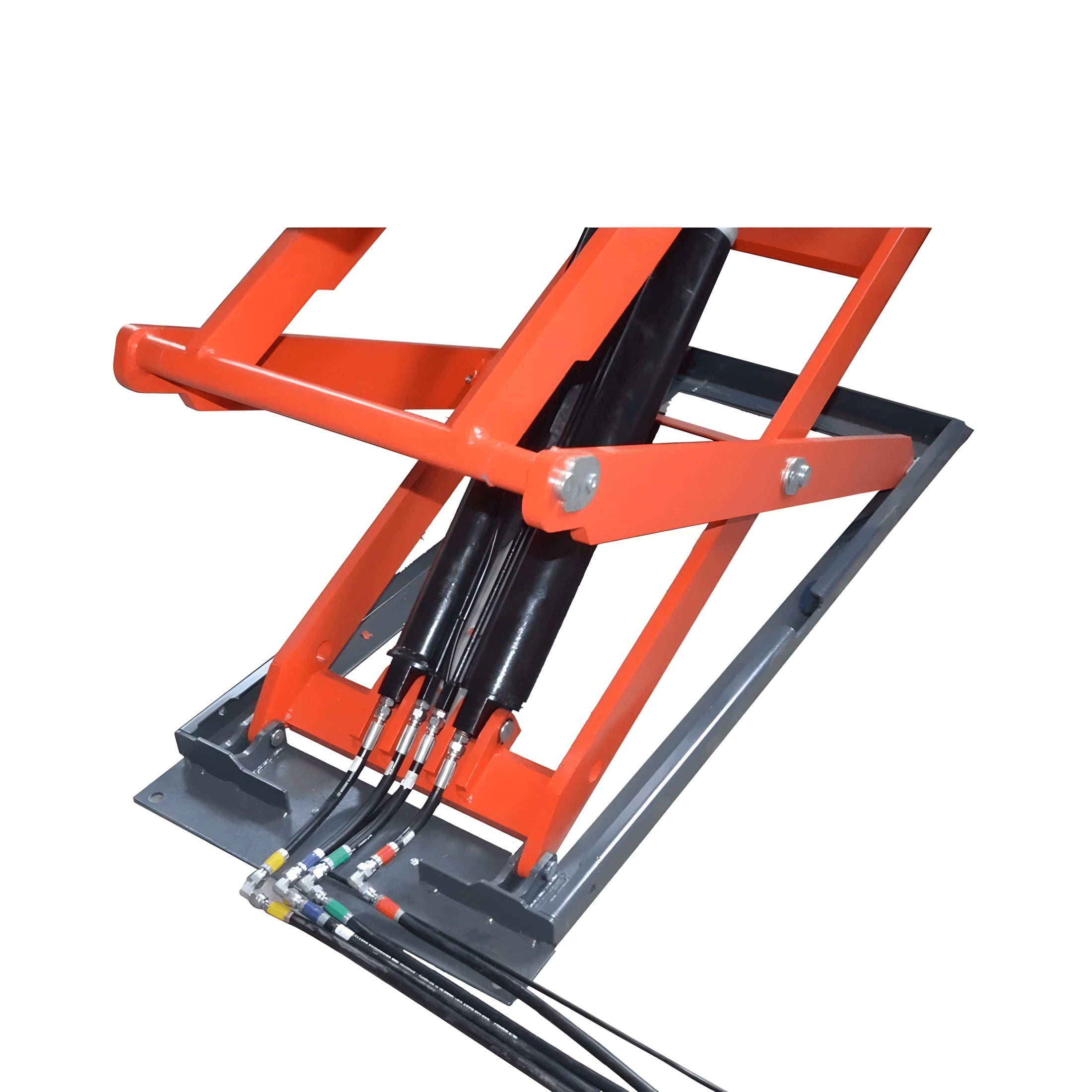 Katool AK-X95 full rise scissor lift closeup of hydraulic base section with dual cylinders, scissor arm joints, and color-coded hydraulic hoses on white background.