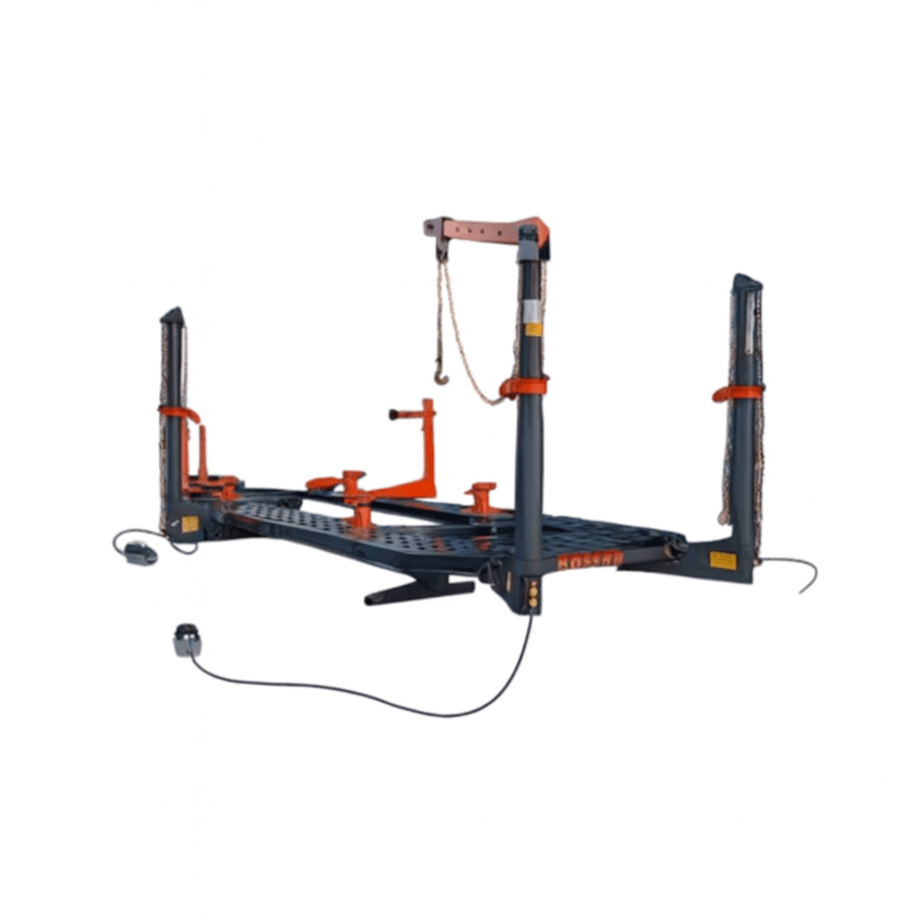 Katool KT-299U Auto Body Frame Machine - full view of collision repair platform with three pulling towers on white background