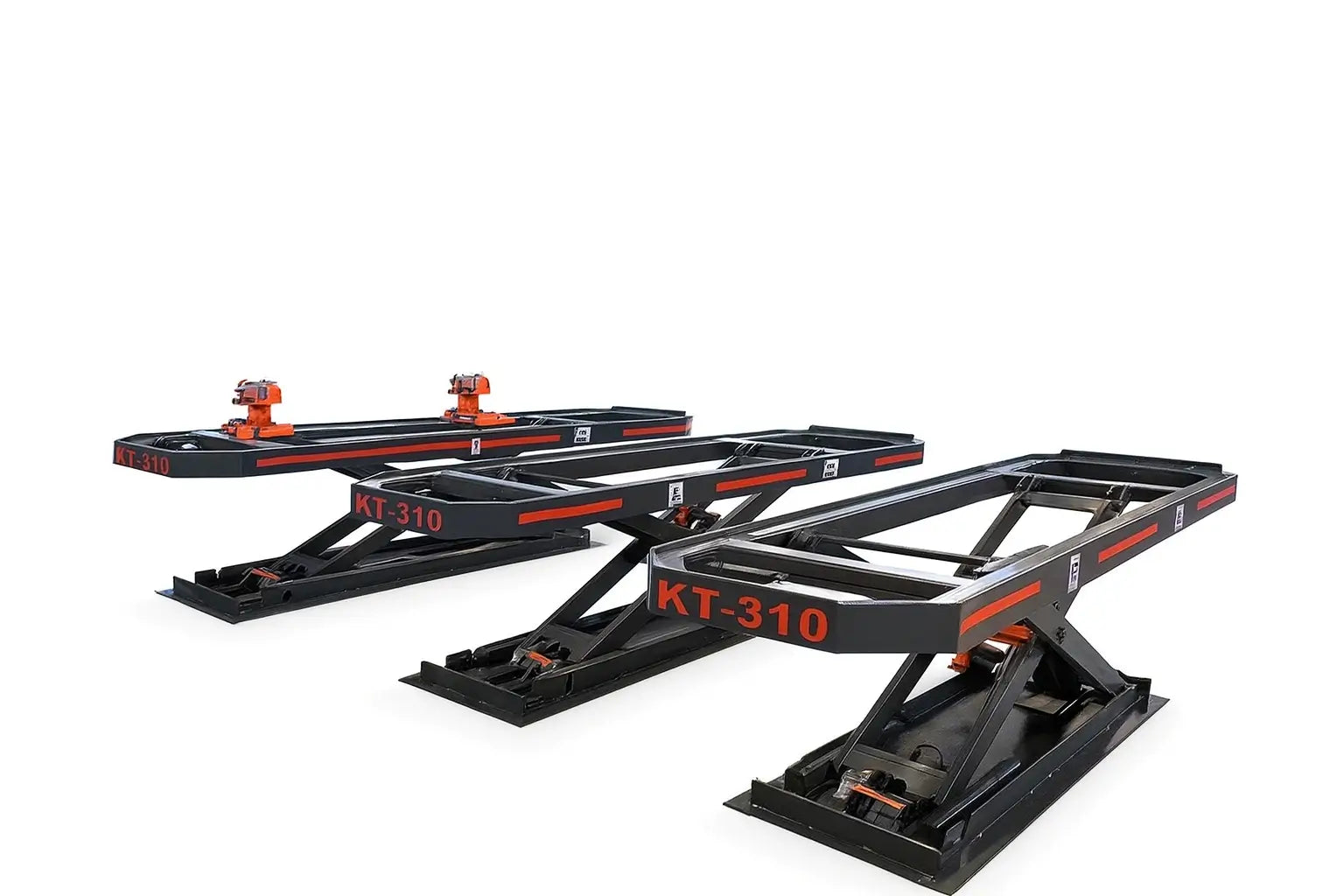 Katool KT-310 auto body frame machine platforms, three units on a white background with scissor lift bases and red KT-310 branding clearly visible.