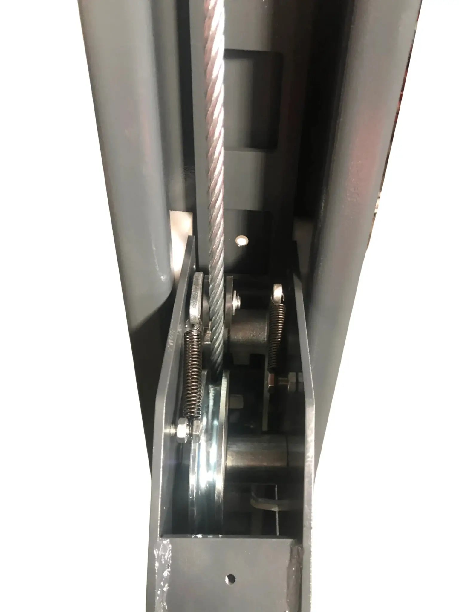 Katool KT-4H110 11,000 lb 4 post lift close-up of the internal column showing the steel cable, pulley system, tension springs, and roller mechanism inside the structural frame on a white background.