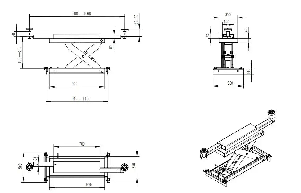 Katool KT-4H150 4 Post Alignment Lift rolling jack drawing with dimensions; top, side and isometric views show scissor mechanism and metric labels.