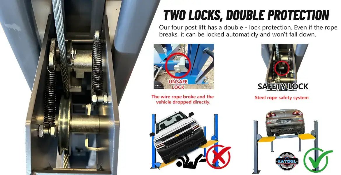 Katool KT-4H150 4 Post Alignment Lift diagram showing internal safety lock system with steel cable, pawl and ratchet inside column, dual-lock protection callouts.