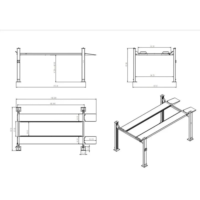 Katool KT-4H850 4-Post Car Lift technical drawing with top, side, and angled views showing detailed platform and post measurements on a white background.