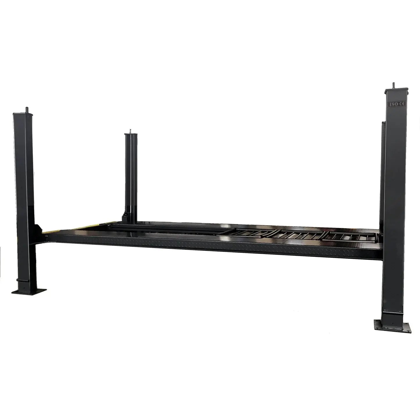 Katool KT-4H850 4-Post Car Lift shown without ramps, highlighting black steel runways and four support posts on a white background.