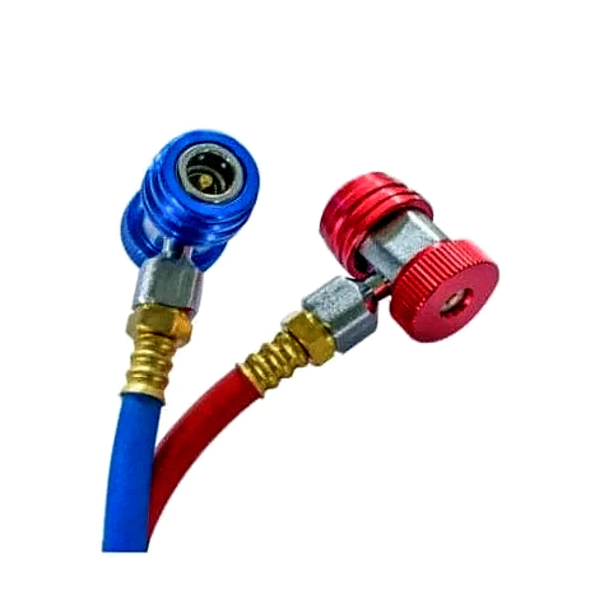 Katool KT-AC2100 A/C Service Center closeup of red and blue service coupling hoses with brass fittings used for refrigerant recovery and recharging on white background