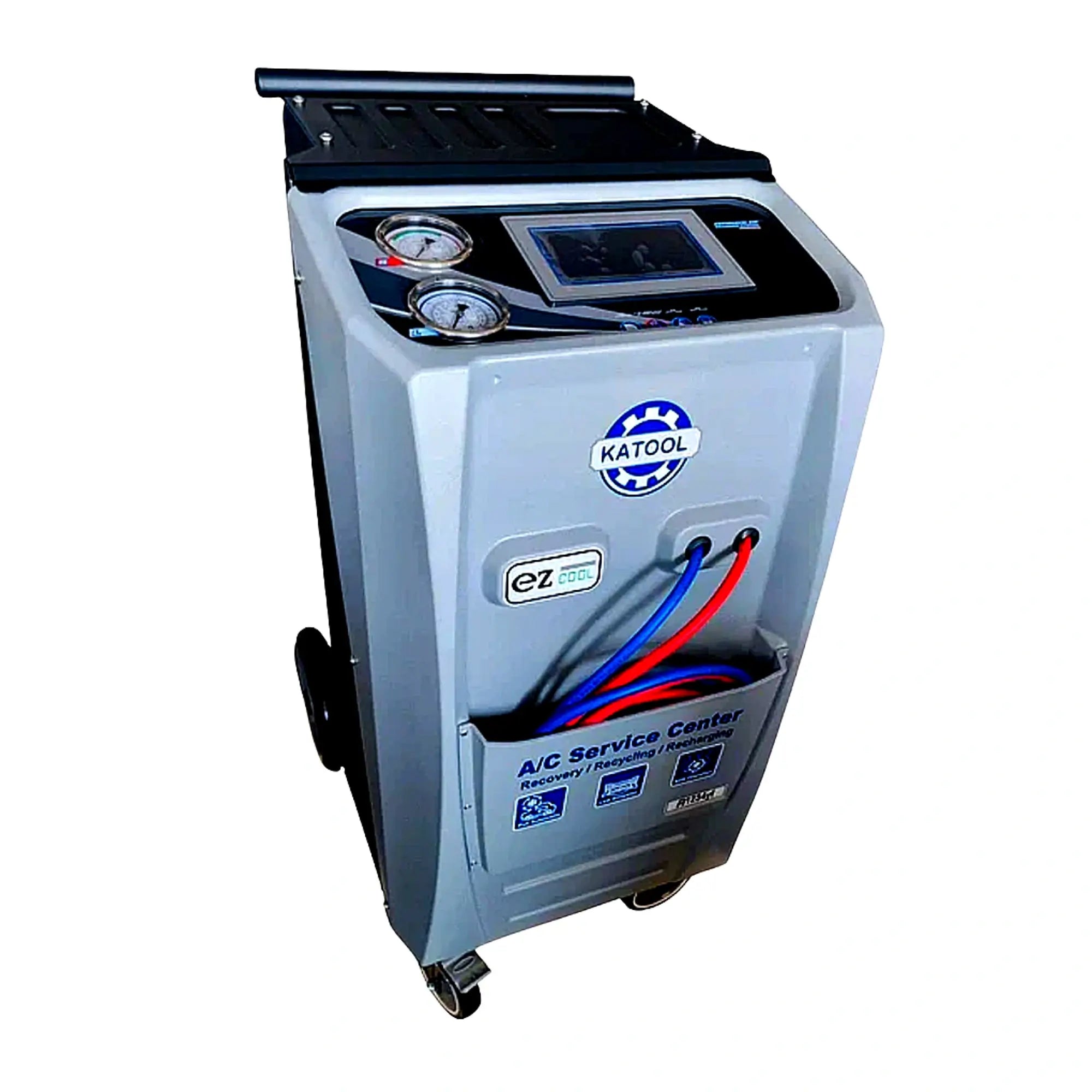 Katool KT-AC2100 A/C Service Center front angled view showing gauges, control panel screen, and service hoses on a white background