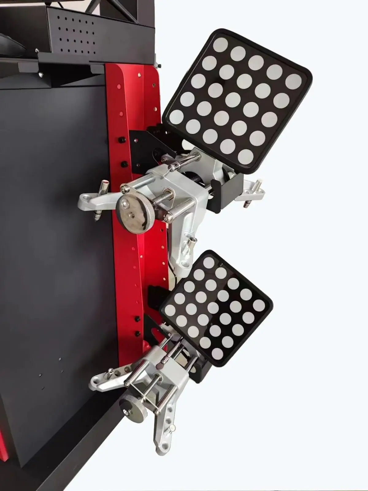 Katool KT-AV6 3D Wheel Alignment Machine closeup showing dual reflective target clamps and mounting brackets attached to the red frame on a white background.