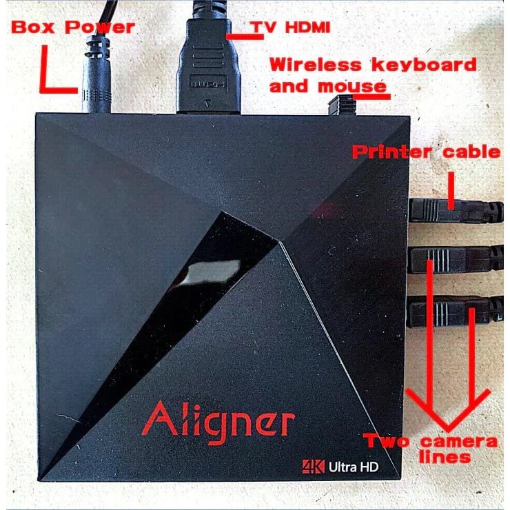 Katool KT-AV651 alignment machine Android control box showing labeled ports for power, HDMI, printer cable, wireless keyboard, mouse, and dual camera connections