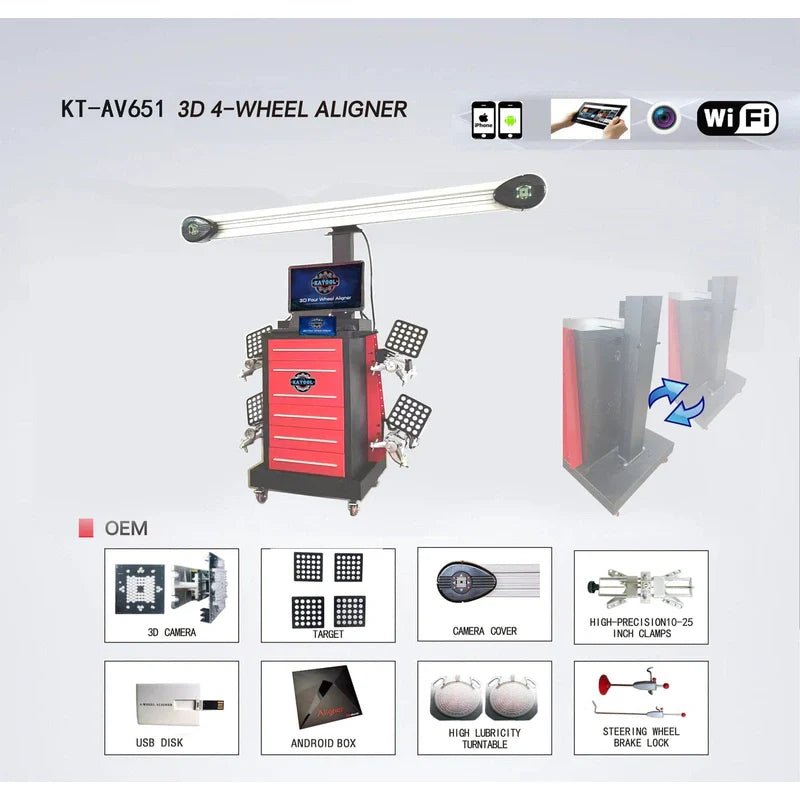 Katool KT-AV651 3D 4-wheel alignment machine with labeled components including 3D cameras, targets, turntables, clamps, Android box, and USB disk accessories