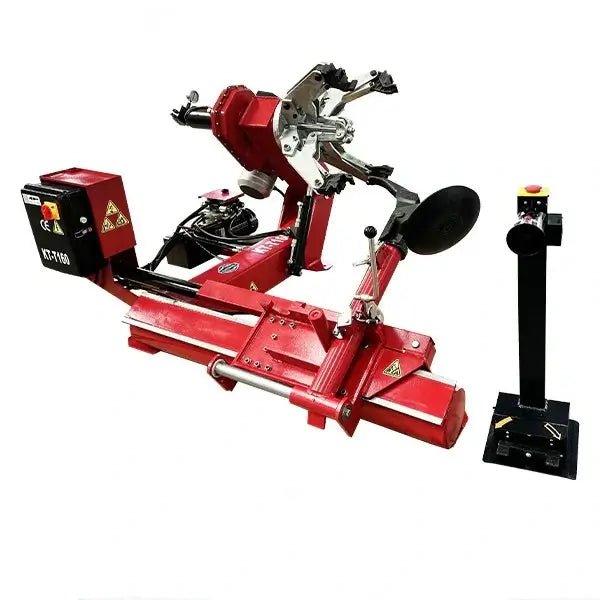 Katool KT-T160 truck tire changer with electro-hydraulic system, bead press disc, 4-jaw chuck, and separate control stand for safe remote operation.