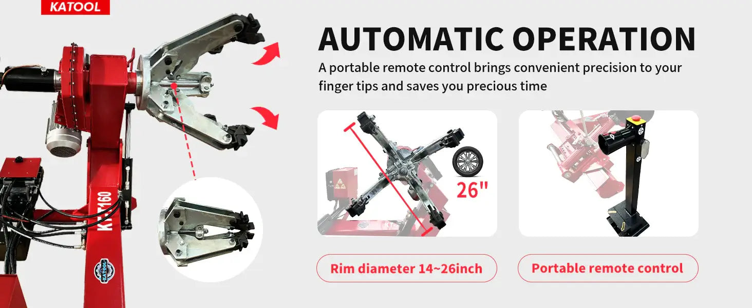 Katool KT-T160 truck tire changer graphic showing automatic operation, 4-jaw clamping head, 14-26 in rim range, and portable remote control stand.