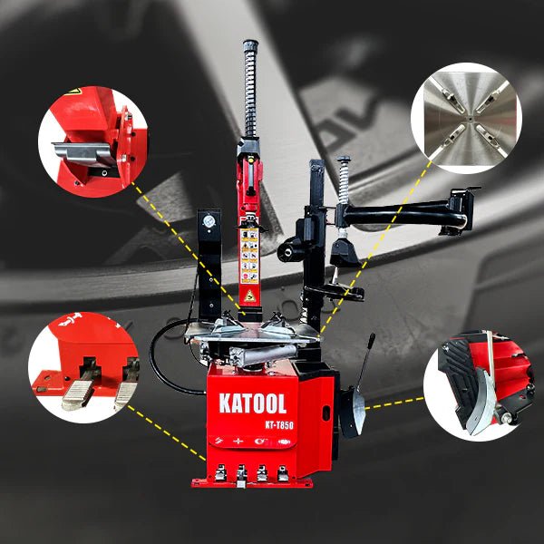 Katool KT-T850 tire changer detailed closeup showing tilt back arm, 28 in turntable disk, pedal controls, and assist arm features on dark background