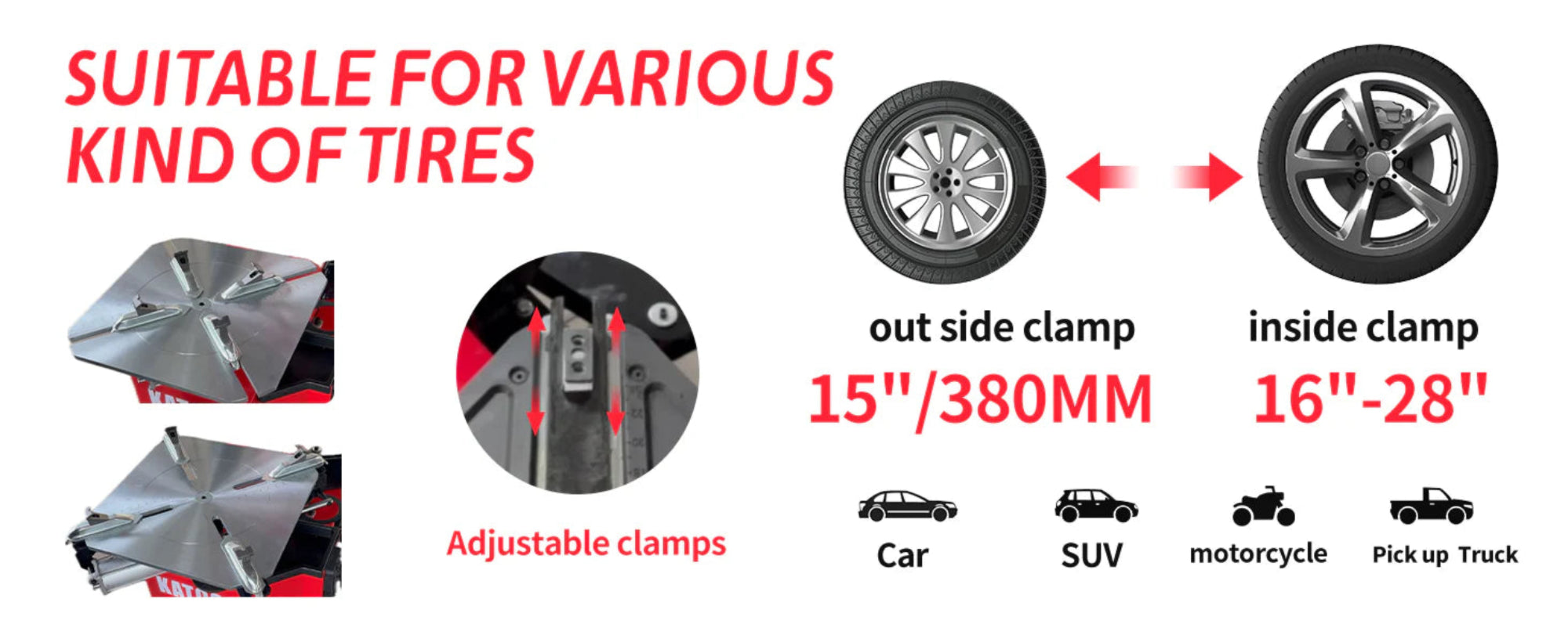 Katool KT-T850 tire changer with adjustable clamps platform, showing clamp size ranges from 15 in outside to 28 in inside, suitable for cars, SUVs, motorcycles, and trucks