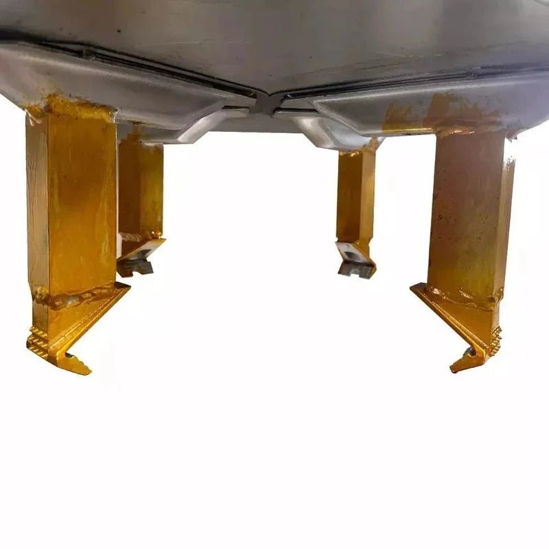 Katool RPM-80 Rim Polishing Machine underside view of gold support legs and welded brackets attached to the base of the stainless steel drum
