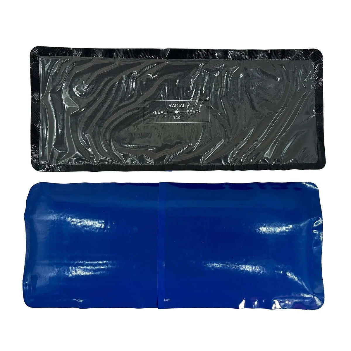 Both sides of the KEX KX-MX44 radial tire repair patch showing the RADIAL bead to bead orientation marker numbered 144 and the blue bonding layer