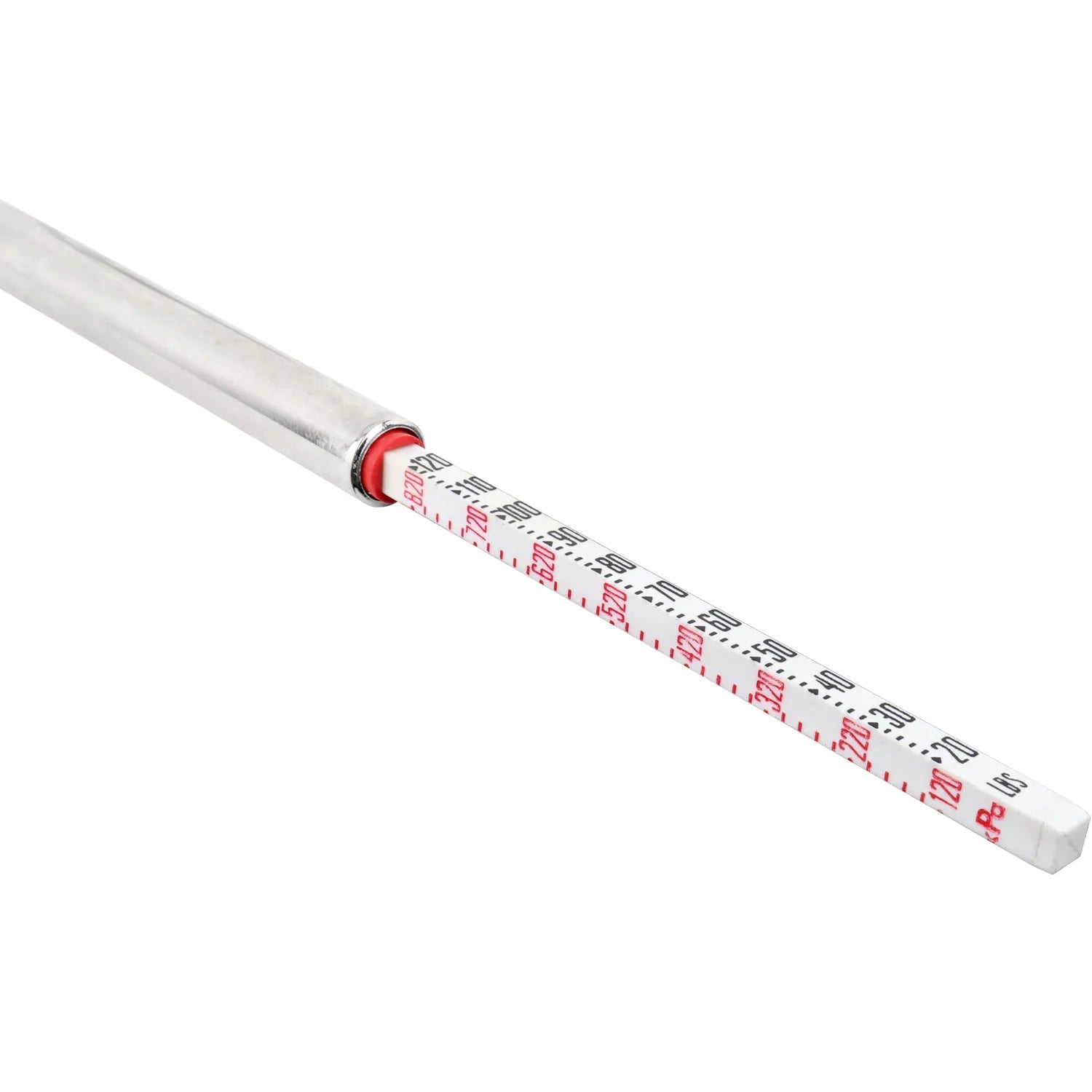 Close view of scale stick on MILTON S-927 showing 20 to 120 PSI markings and red indicator ring.