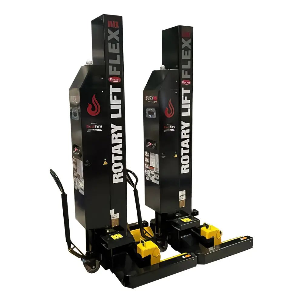 Pair of black and yellow hydraulic vehicle lifts with ’Rotary ROTARY MCHM14