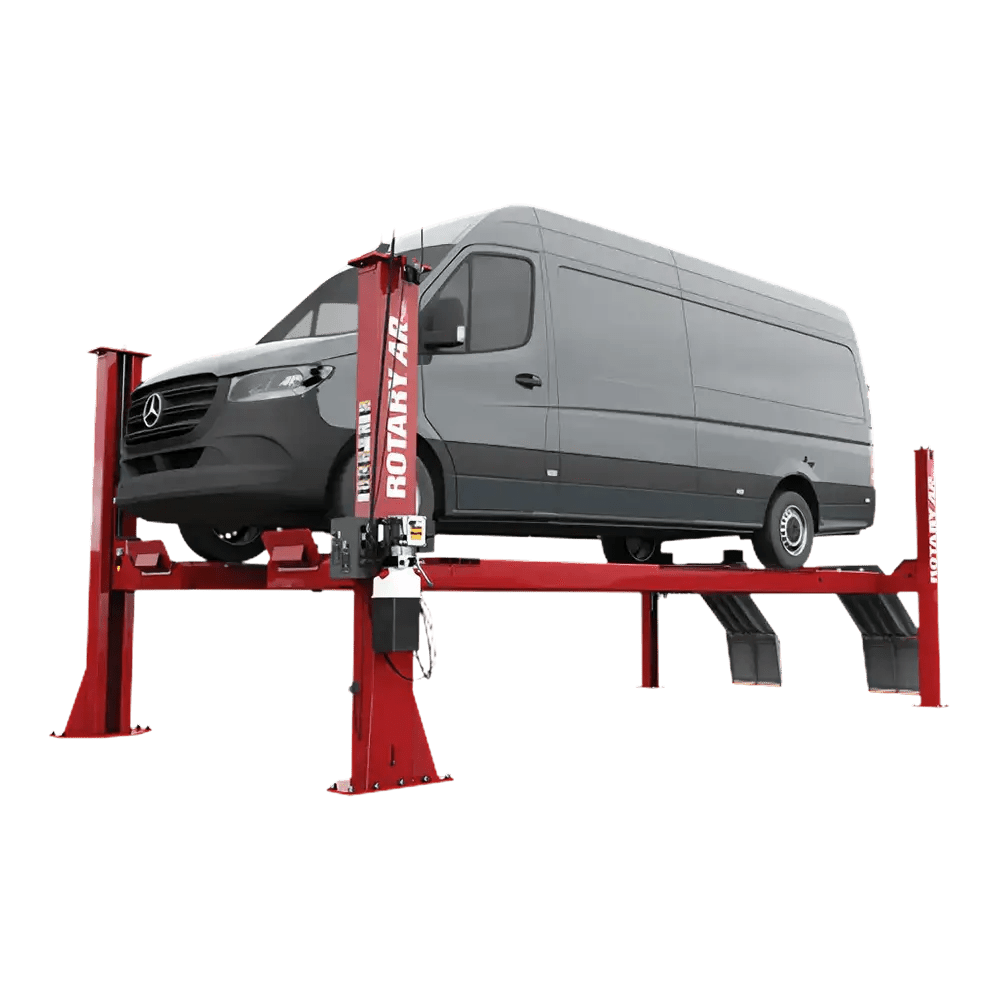 Red four-post alignment lift for vehicle servicing, Rotary lift with open front design