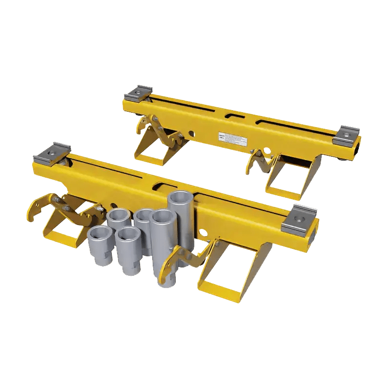 Yellow track jacks with grey pipe rollers for Rotary M140168YL cross beam kit on column lift