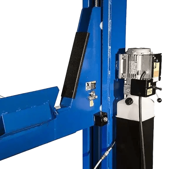 Blue Rotary SMO14EL2 14k four-post lift with black accents and control unit