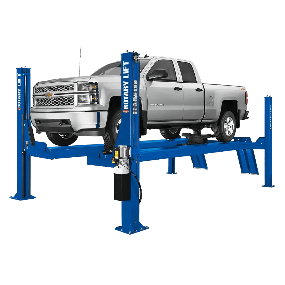 Blue Rotary SMO14EL2 14k four-post lift supporting a silver Chevrolet Silverado pickup