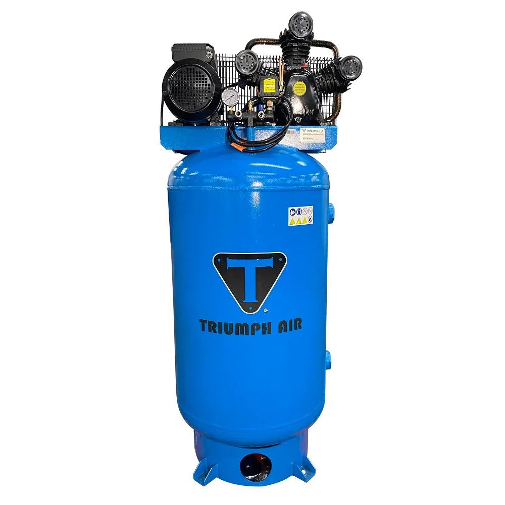TRIUMPH NAT-AC80 80-gallon vertical air compressor with 3-cylinder cast iron pump, 4.0 HP motor, and 116 PSI max pressure for shop and garage air needs.