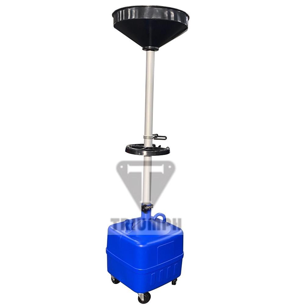 TRIUMPH NOD-9 9-Gallon Portable Oil Drain with 17-inch funnel, adjustable telescoping height, caster wheels, and integrated tool pan for clean, efficient oil changes.